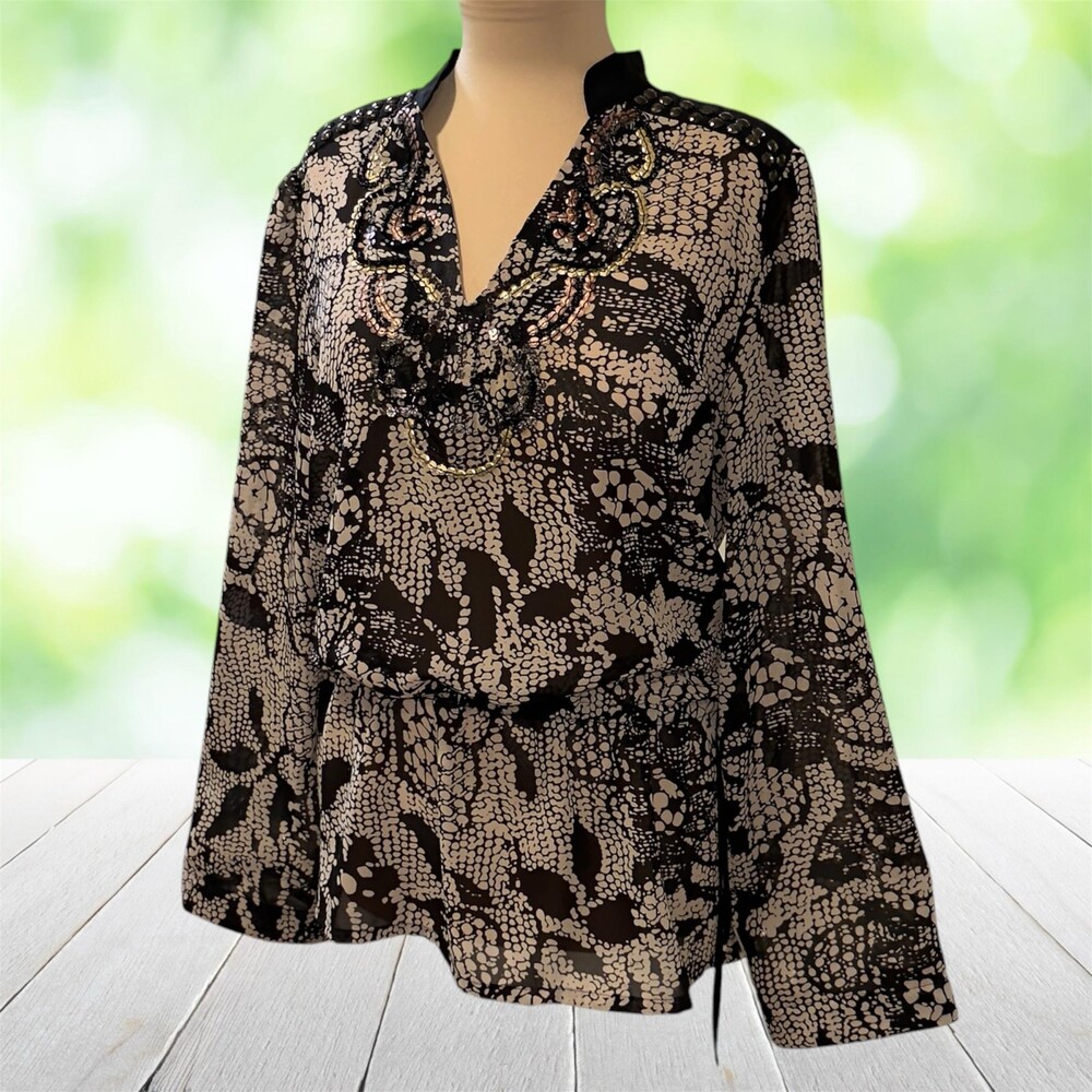 Vintage PECK & PECK Tunic Top Embellished Blouson Drawstring Abstract Print Sz M
